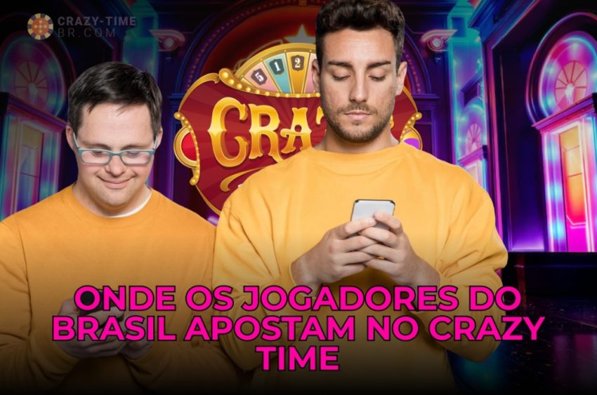 Jogadores brasileiros apoiando no jogo Crazy Time em um cassino vibrante e animado.